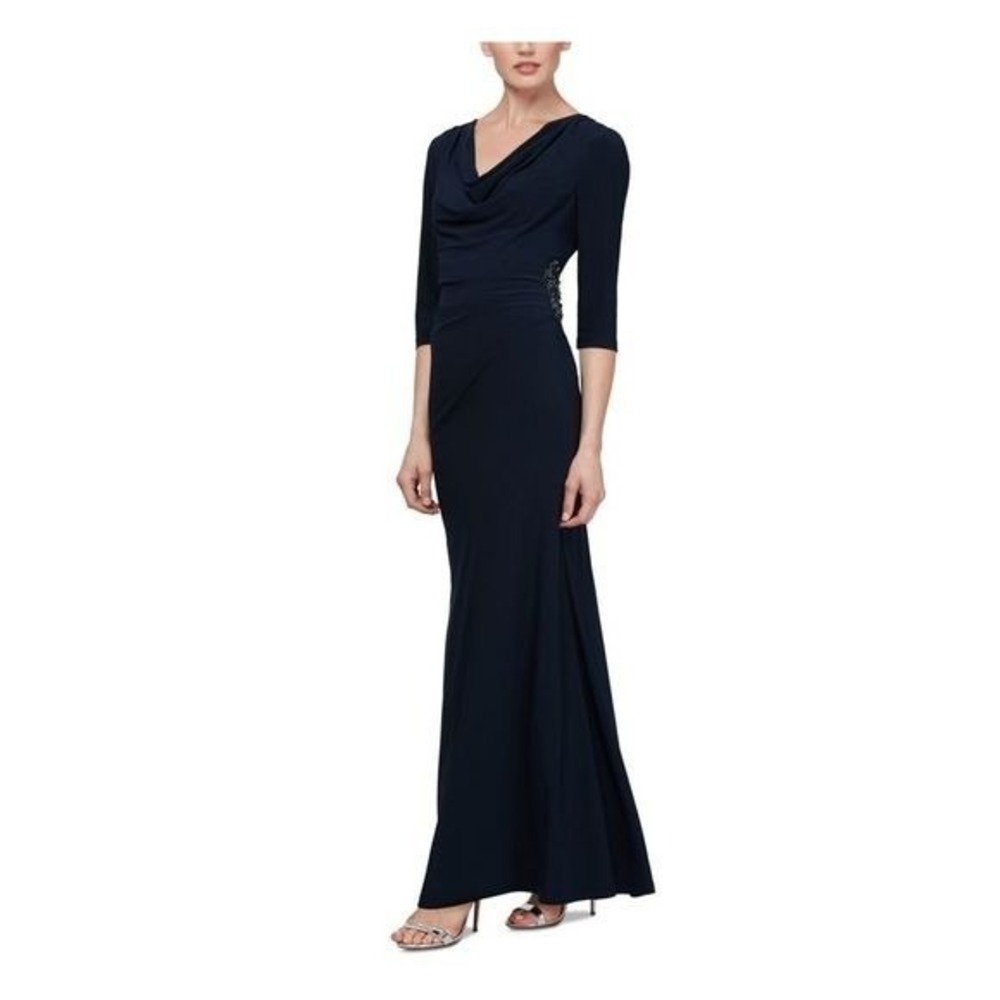 SLNY Womens Navy Side Embellishment 3/4 Sleeve Full-Length Sheath Dress NWT‎ 18